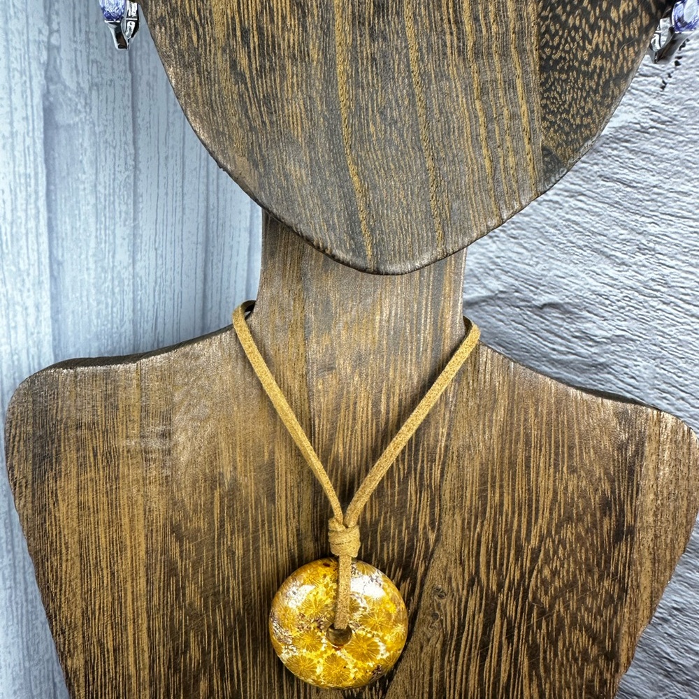 Yellow Coral Fossil Donut Pendant on Brown Faux Suede - Picture 11 of 11